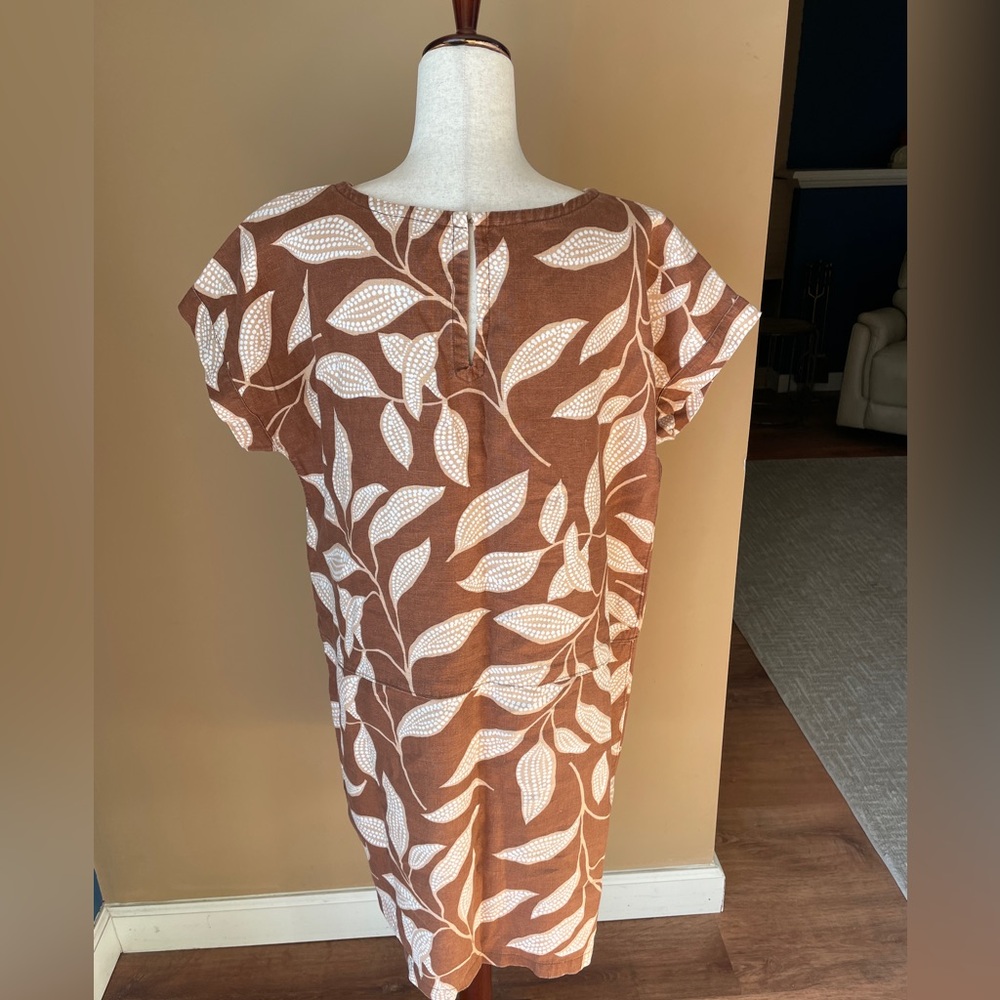 Garnet Hill Womens 100% Linen Shift Dress Brown Size XL Pocket Boho Printed - Picture 4 of 10
